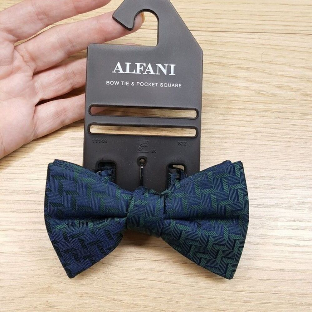 ALFANI Bow Tie Blue Hunter Green Grid Geo Herringbone Pre-Tied